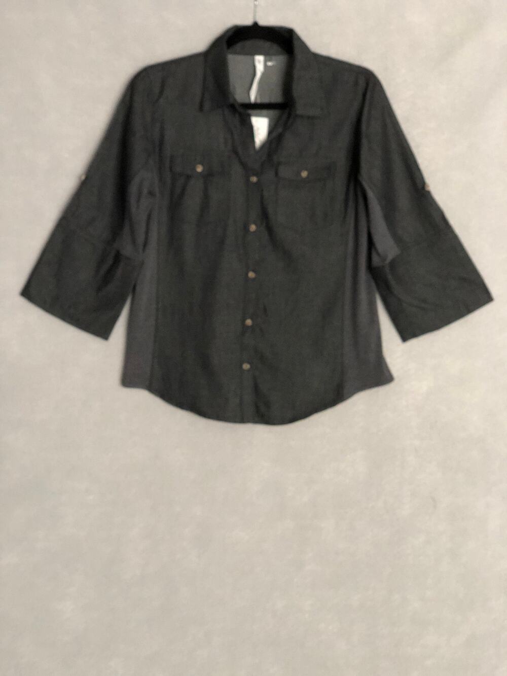 NY Collection Button-Down Top Chambray in Charcoal Women's Petite Medium NEW